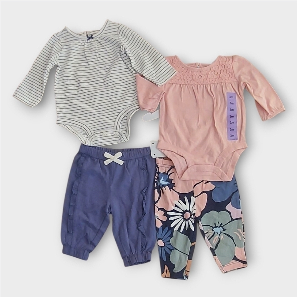 NWT Carter's Baby Girl 4 PC Outfit Pant Set - Pink and Navy ~sz 3M - Picture 2 of 5
